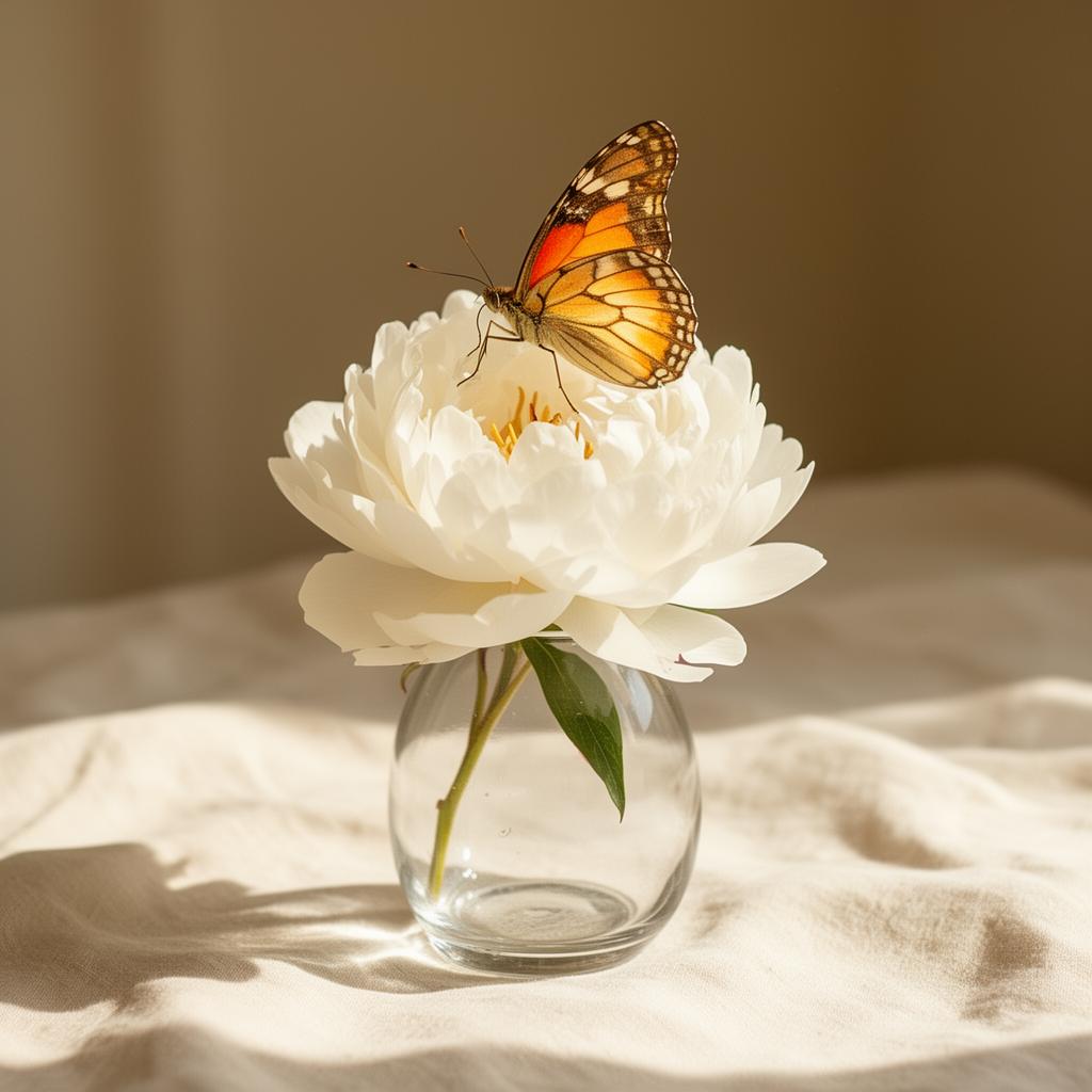 A single white peony in a clear glass vessel, soft daylight on ivory linen.